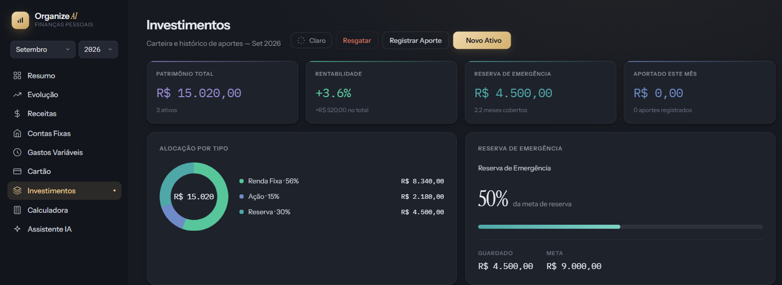 Tela de Investimentos do Organize AI com alocação por tipo e reserva de emergência